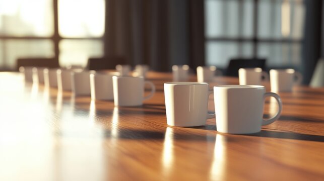 A row of white mugs on a wooden table.
