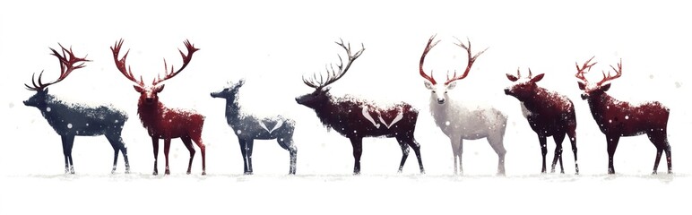 Seven deer standing in the snowfall during winter season