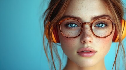Fototapeta premium Close-up portrait of a young woman with glasses and headphones.