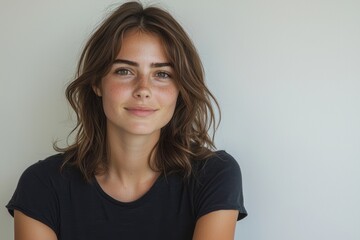 Fototapeta premium A young, happy woman, radiant and elegant, beams as she looks into the camera while seated alone on a white background in a black t-shirt, playing with her hair