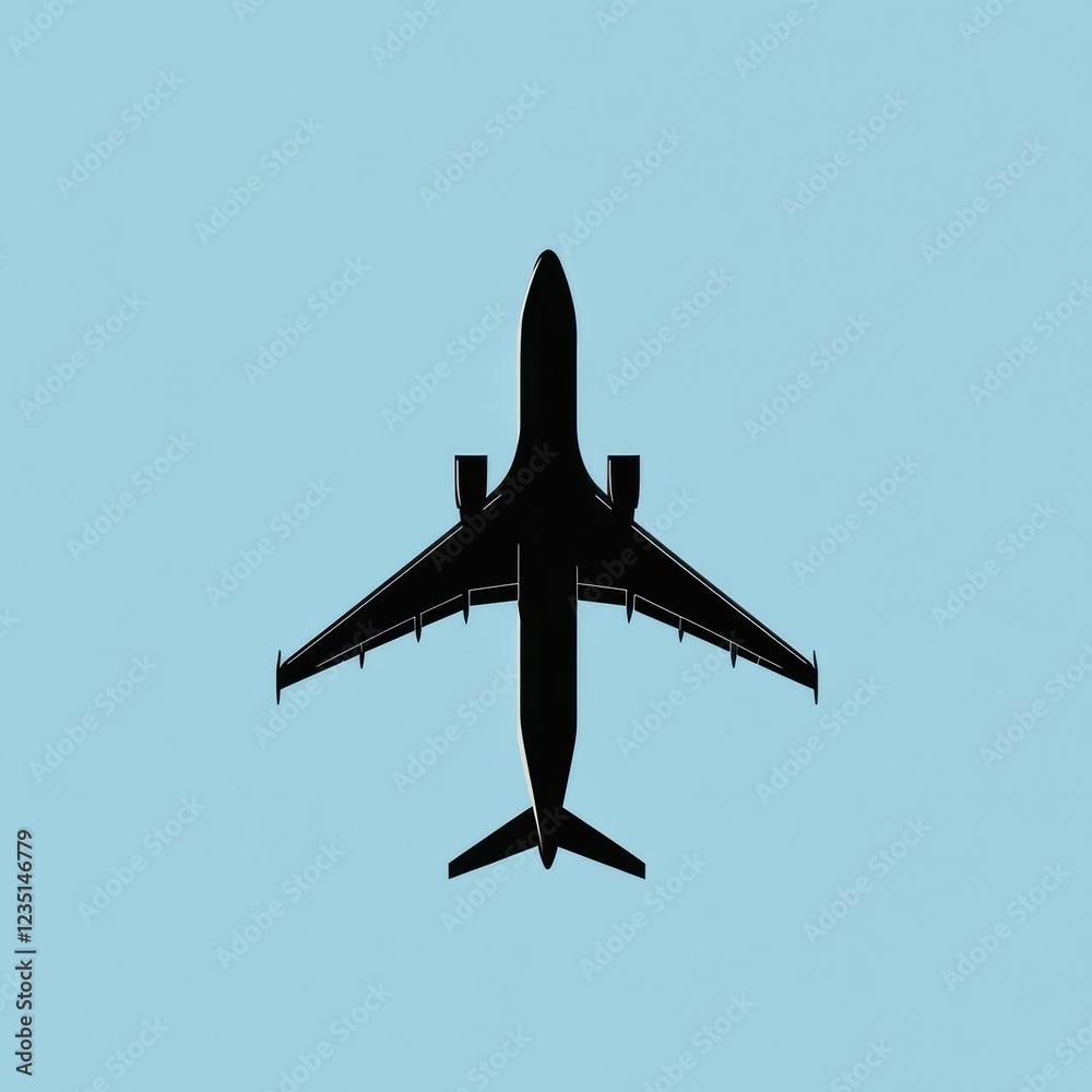 Poster silhouette of an airplane flying high against a clear blue sky with clean lines highlighting its aer