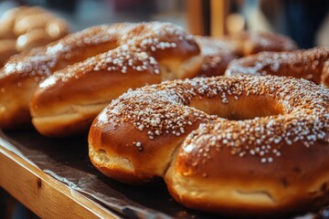 This colorful array of freshly made donuts, topped with a shiny glaze and sprinkles, invites a sense of joy and nostalgia, perfect for sharing or enjoying alone.