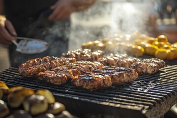 This image showcases a vibrant barbecue scene with a variety of perfectly grilled meats, surrounded by smoky steam, appealing to fans of outdoor cooking and social gatherings.