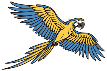  Vibrant macaw in flight, spread wings, blue and gold feathers, tropical parrot, dynamic pose, colorful plumage, exotic bird, detailed feathers, white background, photorealistic, high-resolution, natu