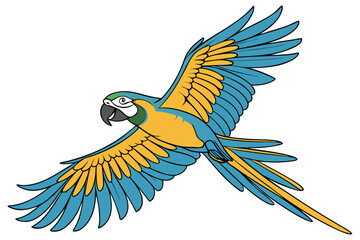  Vibrant macaw in flight, spread wings, blue and gold feathers, tropical parrot, dynamic pose, colorful plumage, exotic bird, detailed feathers, white background, photorealistic, high-resolution, natu