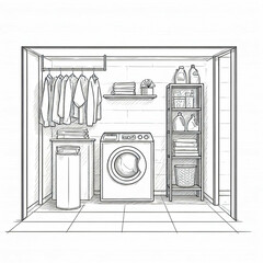 hand drawn sketch of laundry room with clothes, washer, and shelves
