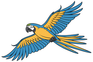  Vibrant macaw in flight, spread wings, blue and gold feathers, tropical parrot, dynamic pose, colorful plumage, exotic bird, detailed feathers, white background, photorealistic, high-resolution, natu