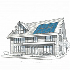 hand drawn sketch of a house with solar panels on the roof