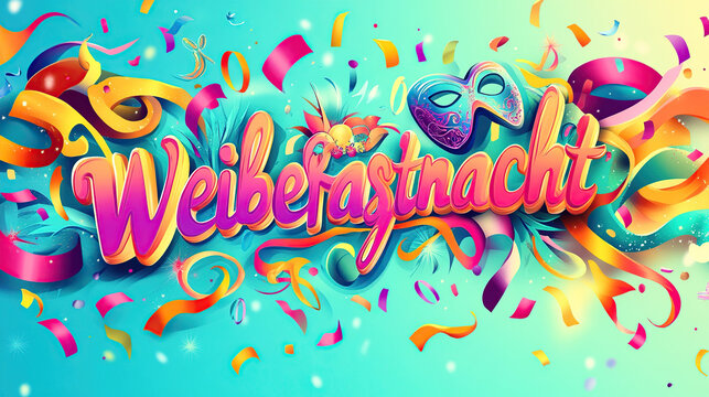 Buntes Typografie-Design f&uuml;r Weiberfastnacht mit Masken und Konfetti