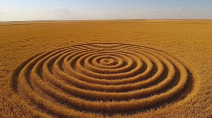 Naklejka premium Aerial view Spiral crop circle in vast golden field