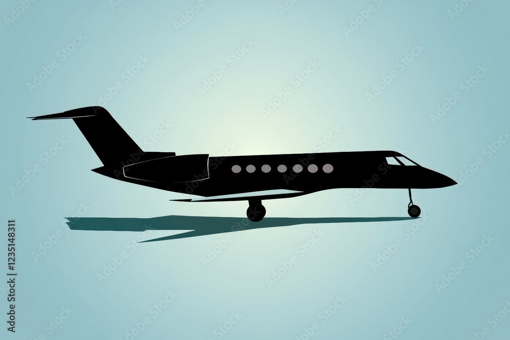 Poster silhouette of a sleek airplane casting a shadow against a clean blue background at twilight. generat