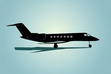 Silhouette of a sleek airplane casting a shadow against a clean blue background at twilight. Generative AI