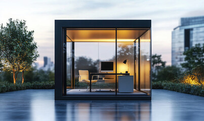 Fototapeta premium Modern Glass Office Pod with Minimalist Design in an Urban Setting