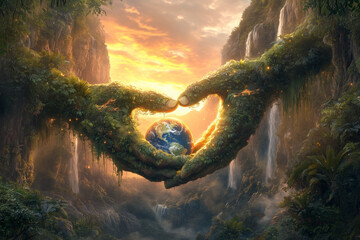A stunning representation of Earth&rsquo;s beauty and the importance of conservation, featuring hands formed from nature gently holding the planet amidst vibrant waterfalls and lush landscapes, celebrating 