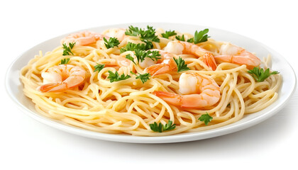 Tasty spaghetti with shrimps and parsley on plate, closeup