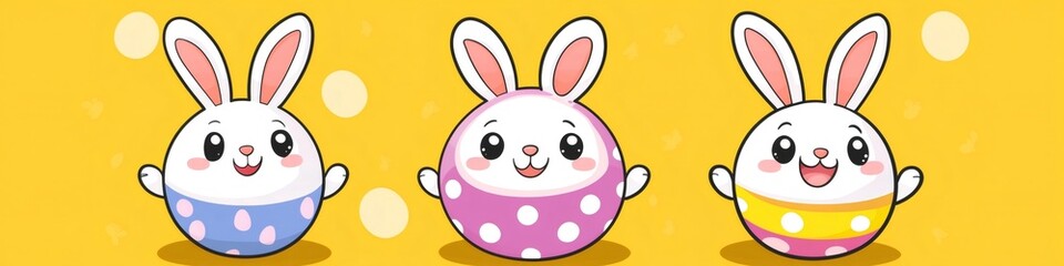 Obraz premium Three cute easter bunnies celebrating with colorful polka dot eggs