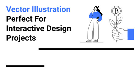 Woman in thoughtful pose, Bitcoin plant in hand symbolizing crypto growth and sustainability. Ideal for finance, eco-tech, cryptocurrency, digital marketing, tech startups, green economy, flat