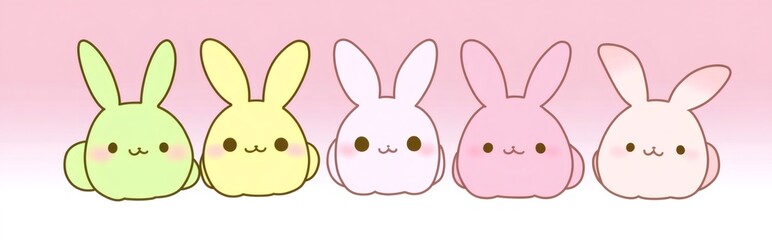 Fototapeta premium Five kawaii bunnies sitting in a row, showing different pastel colors