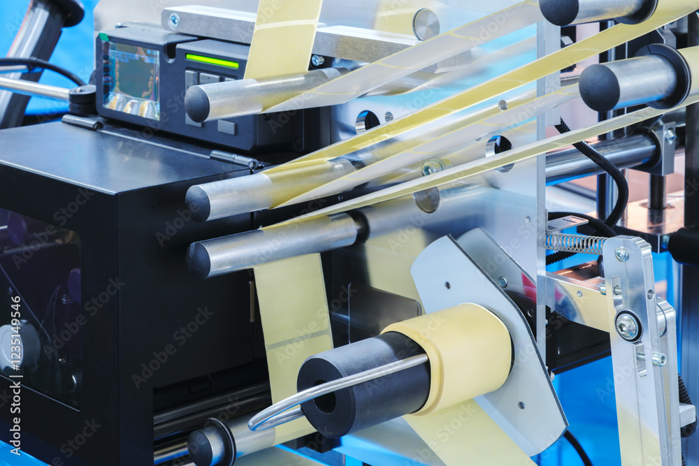 Poster fragment of the conveyor of sticking labeling machine. abstract industrial background.