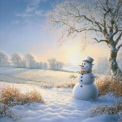 Snowman in winter landscape with trees and snowflakes at sunset