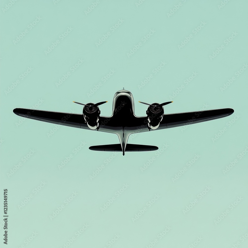 Leinwandbilder silhouette of a vintage airplane flying against a light green background with clean lines and define