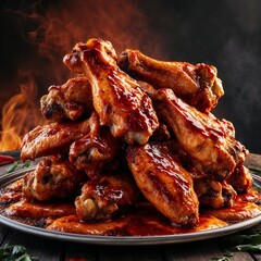 Close-Up of Glazed BBQ Chicken Wings Stacked on a Plate Against a Smoky Background