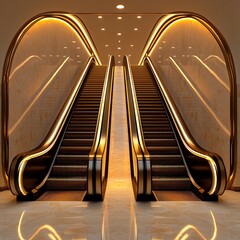 Golden Escalators in Modern Building Interior