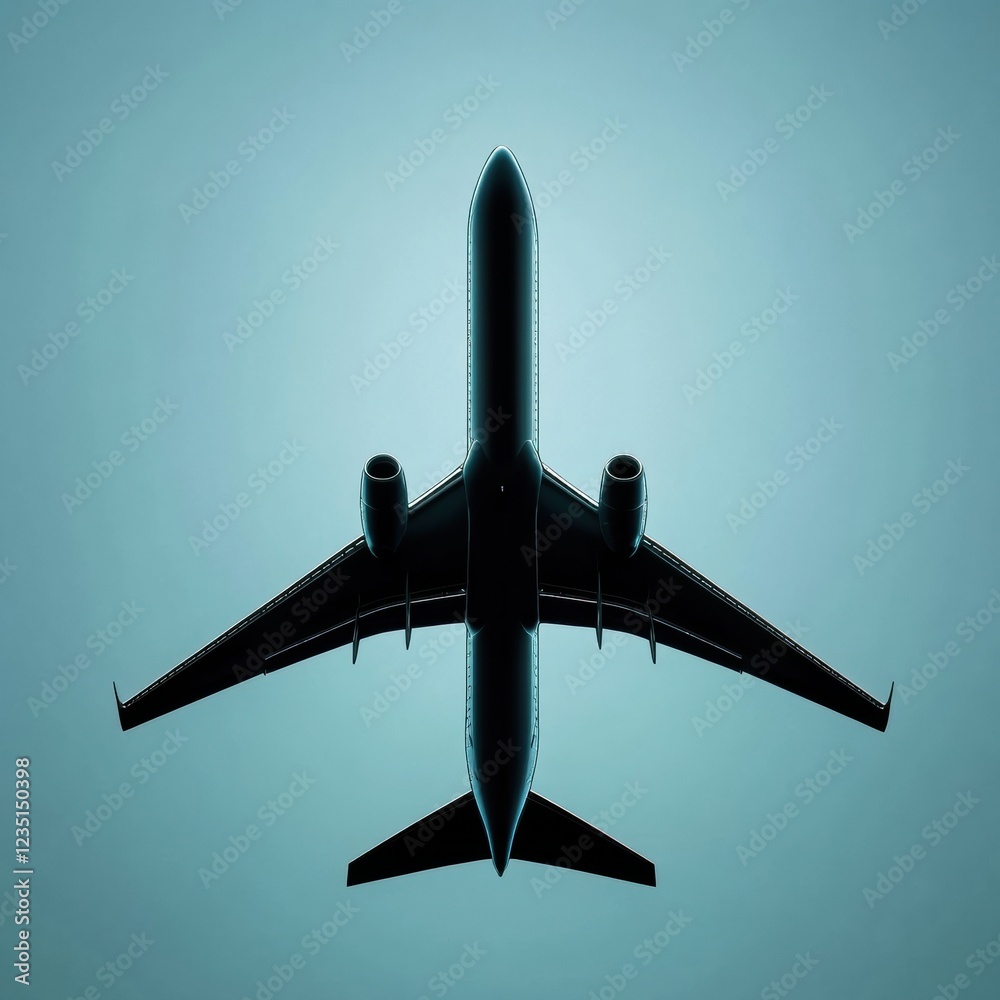 Aufkleber silhouette of an airplane flying high against a clean blue background at dawn with smooth lines and 