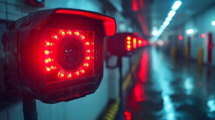 A row of red and white security cameras are lined up in a hallway