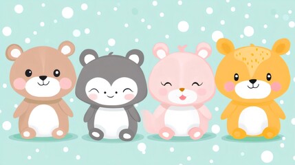 Naklejka premium Four cute kawaii cartoon animals sitting on light blue snowy background