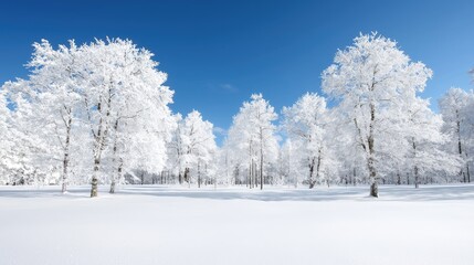 Snowy forest landscape, winter trees under blue sky, tranquil scene, nature background