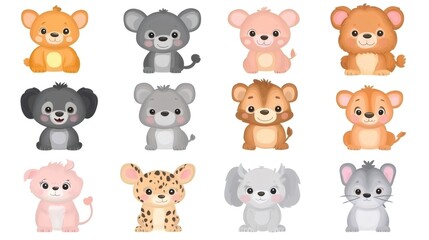 Adorable baby animals posing on white background
