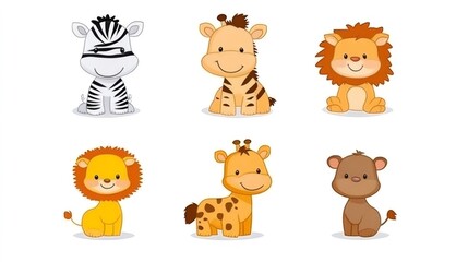 Adorable baby safari animals posing on white background