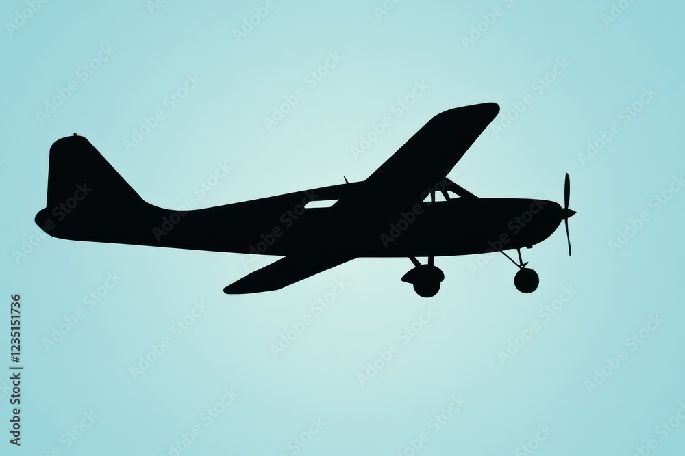 Poster silhouette of an airplane flying through a clear blue sky with clean lines at sunset. generative ai