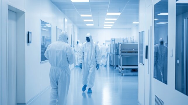 A modern semiconductor fabrication cleanroom with engineers in cleanroom suits working on microchip production under sterile conditions, Semiconductor cleanroom scene, Hi-tech manufacturing style