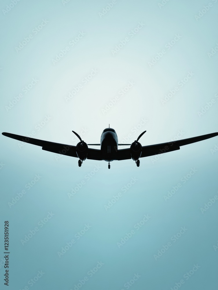Poster silhouette of a classic airplane flying against a clear sky at dusk showcasing elegant lines and des