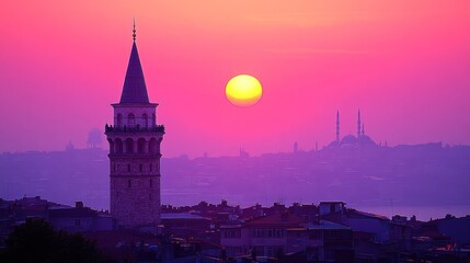 Obraz premium Istanbul Tower Sunrise, city skyline, mosque silhouettes