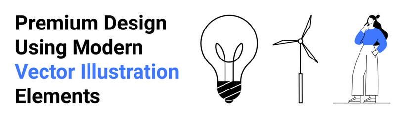 Lightbulb, wind turbine, and person in modern outfit leaning on their hand. Ideal for sustainability, innovation, design, clean energy, creativity thinking and technology. Perfect as flat landing