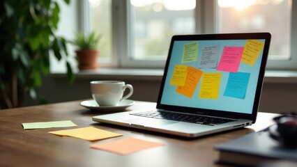 Fototapeta premium A bright modern office, a desk with an open laptop, a cup of coffee and several colorful paper notes on it. Some notes are attached to the screen, others are scattered on the table
