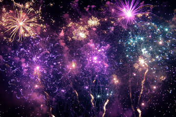 Fototapeta premium Colorful fireworks background. Bright holiday celebration poster with sparkles and flashes, festival anniversary party banner design
