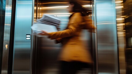 A woman in a yellow coat carrying a stack of papers.