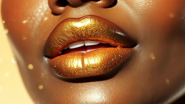 Glossy close-up African American woman lips emphasizing glamour shiny, gold makeup on dark skin, revealing radiant beauty and cosmetic elegance fashion Mocha Mousse video 4k