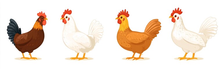 Fototapeta premium Four chickens standing side by side, colorful illustration of poultry farming