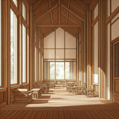 wooden cabin interior with sunlight streaming through windows