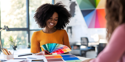 Happy female interior designer holds color swatches and presents design ideas to customer. Interior designer colorist demonstrating a palette of colors. Interior designer concept.