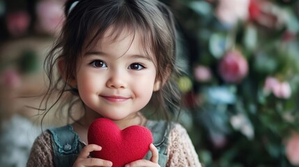 A young child with long hair smiles while holding a red heart-shaped cushion close to her chest. She is surrounded by a beautiful floral arrangement, evoking warmth and joy