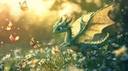 Fototapeta premium A small green dragon walks through a vibrant meadow, surrounded by blooming flowers and fluttering butterflies under warm sunlight. It gazes curiously at its colorful surroundings