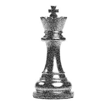 King chess piece with halftone stipple effect for grunge punk collage design. Vintage photocopy-style vector with grainy textures and noisy gradation dotwork, creating a bold, edgy aesthetic.