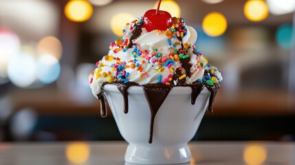 A delightful ice cream sundae sits in a white bowl, drizzled with chocolate sauce and adorned with colorful sprinkles, ready to be enjoyed in a vibrant diner atmosphere