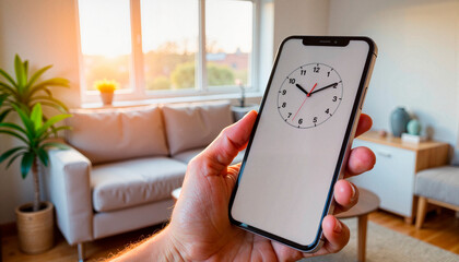 Cellphone showing digital clock in minimalistic living room, transition